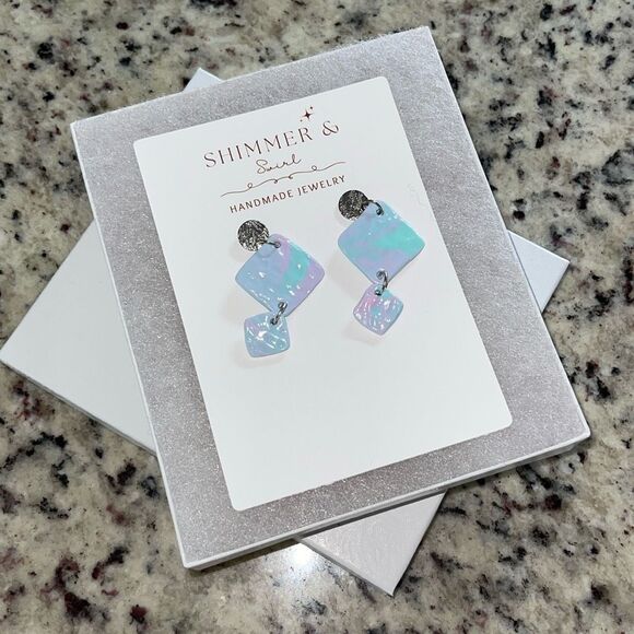 Handmade Polymer Clay Dangle Earrings Pastel Pink Blue Silver - Picture 3 of 3